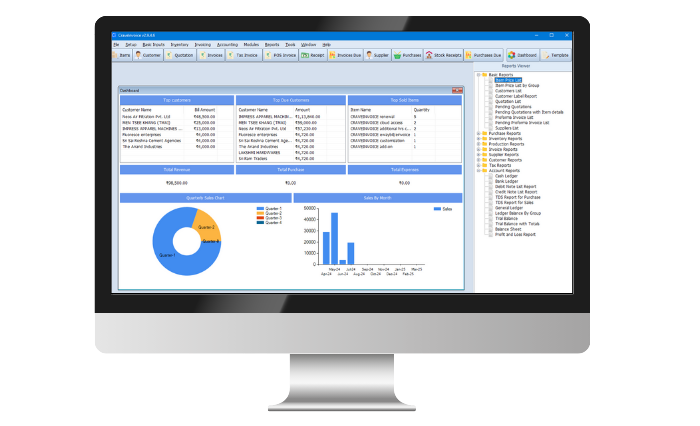 CraveInvoice dashboard showing top customers, revenue, quarterly sales and monthly sales charts