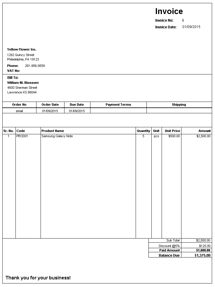 CraveInvoice printed invoice