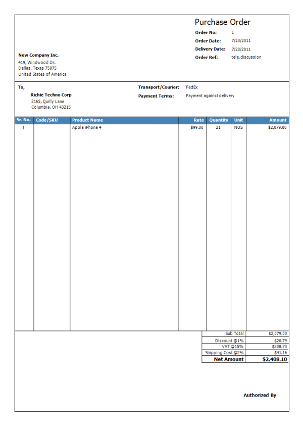 CraveInvoice purchase order screen