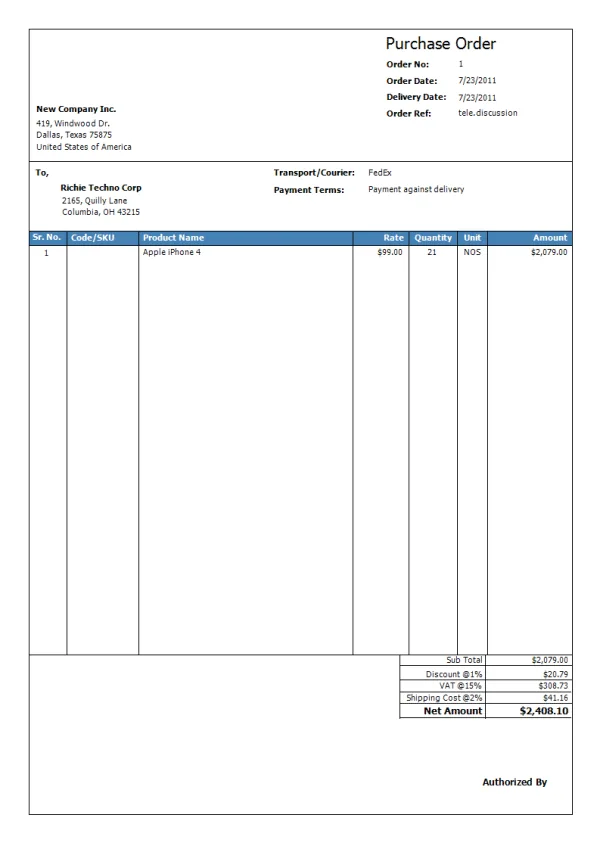 CraveInvoice purchase order screen