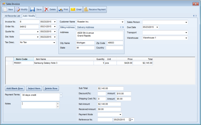 CraveInvoice sales invoice screen