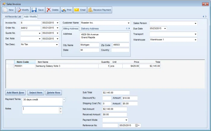 CraveInvoice sales invoice screen