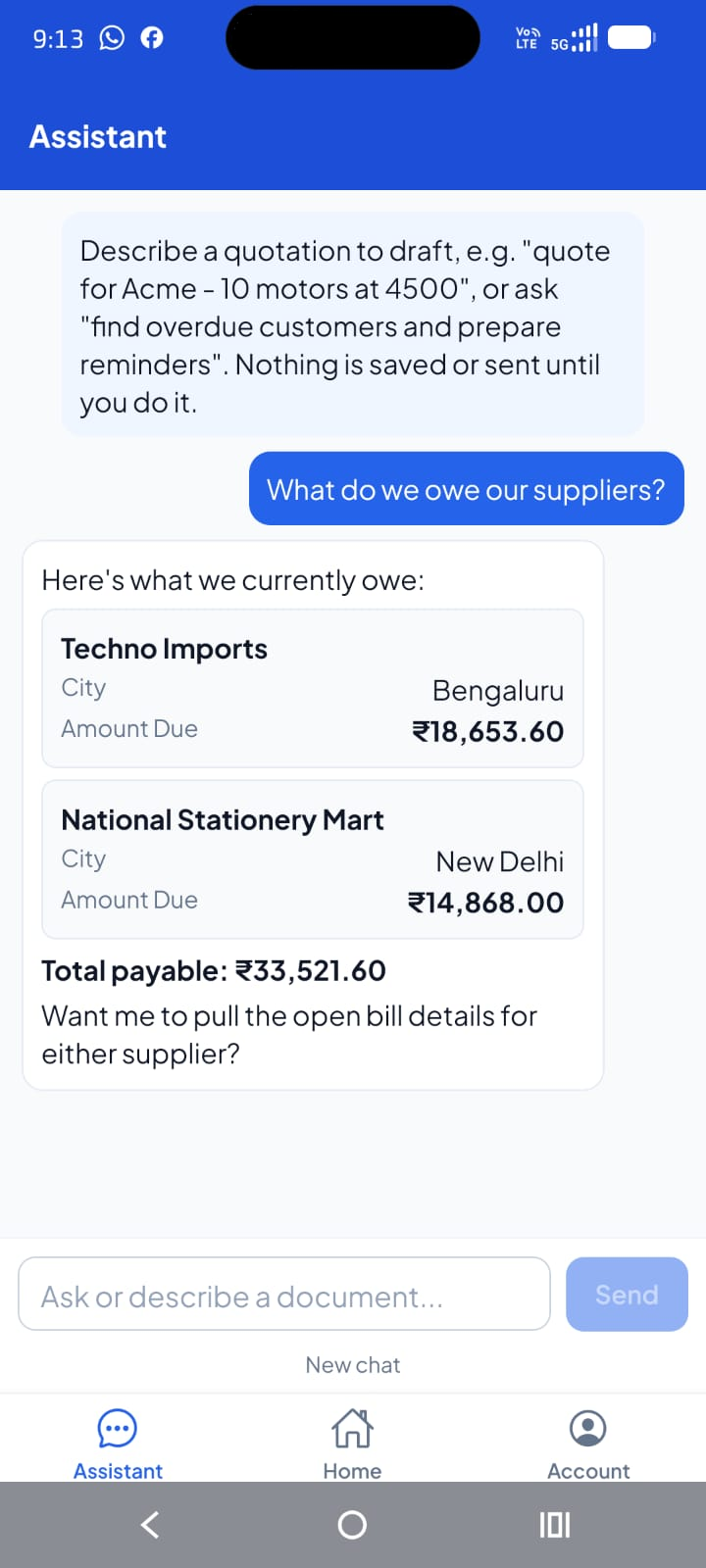 AI assistant in the CraveInvoice mobile app