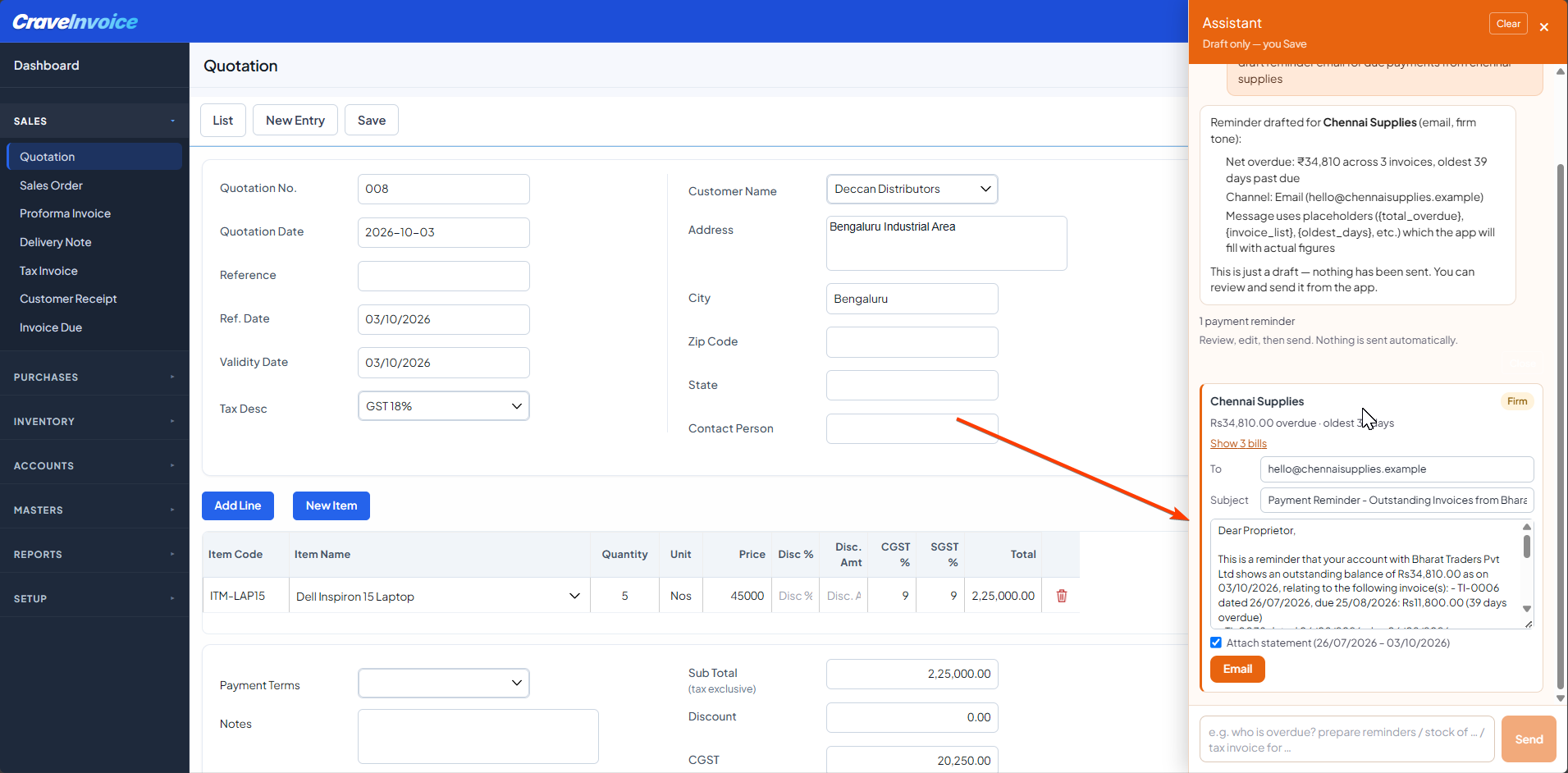 AI-drafted payment reminder in CraveInvoice