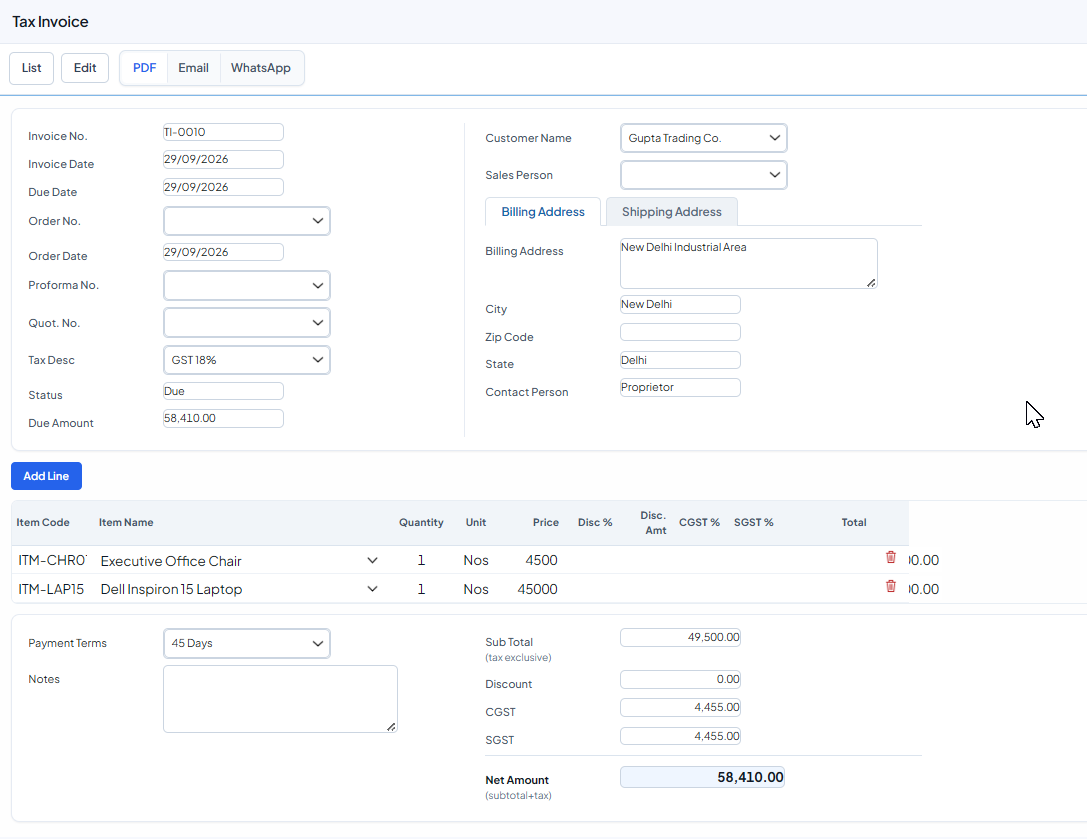 Creating a GST invoice